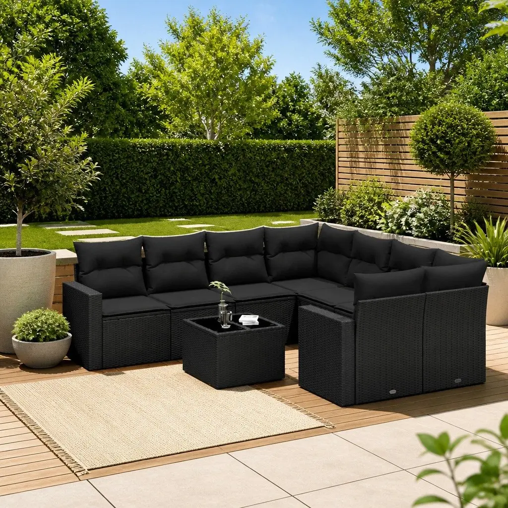 9-Piece Black Poly Rattan Outdoor Sectional Sofa Set
