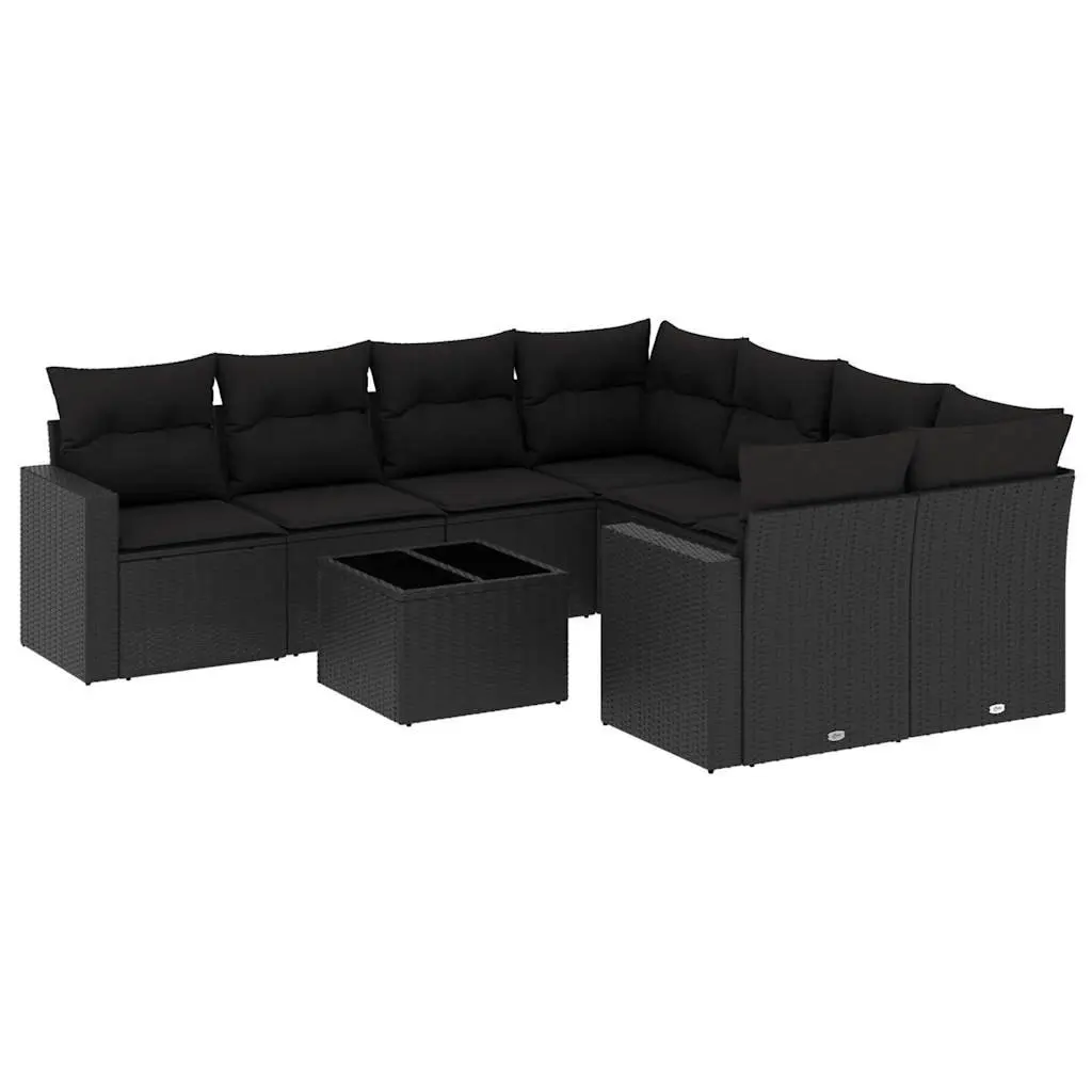 9-Piece Black Poly Rattan Outdoor Sectional Sofa Set