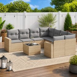 9 Piece Beige Outdoor Sectional Garden Sofa Set with Cushions