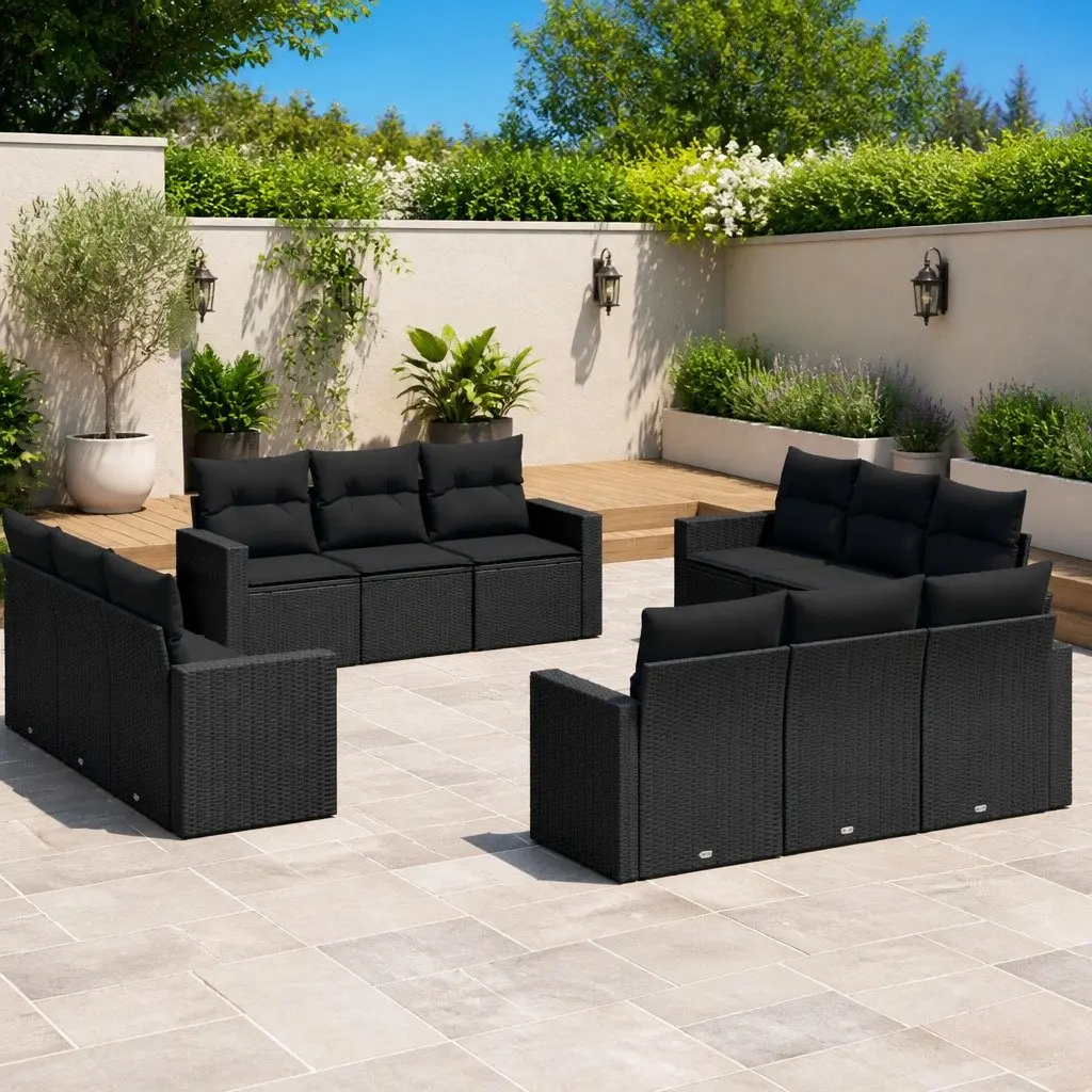 12 Piece Black Poly Rattan Outdoor Sectional Sofa Set