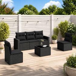 Black Poly Rattan Outdoor Sectional Sofa Set 6 Pieces