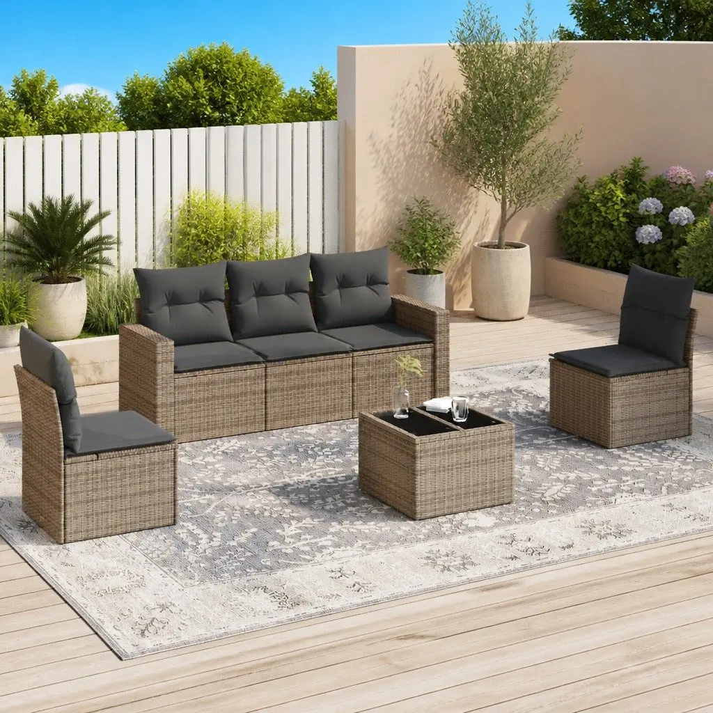 6 Piece Outdoor Sectional Sofa Set Grey PE Rattan Modular Garden Patio Furniture