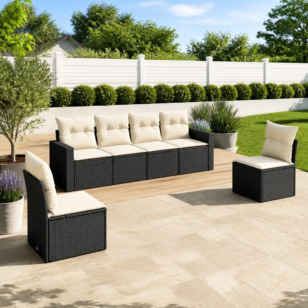 6-Piece Black Poly Rattan Outdoor Sectional Sofa Set