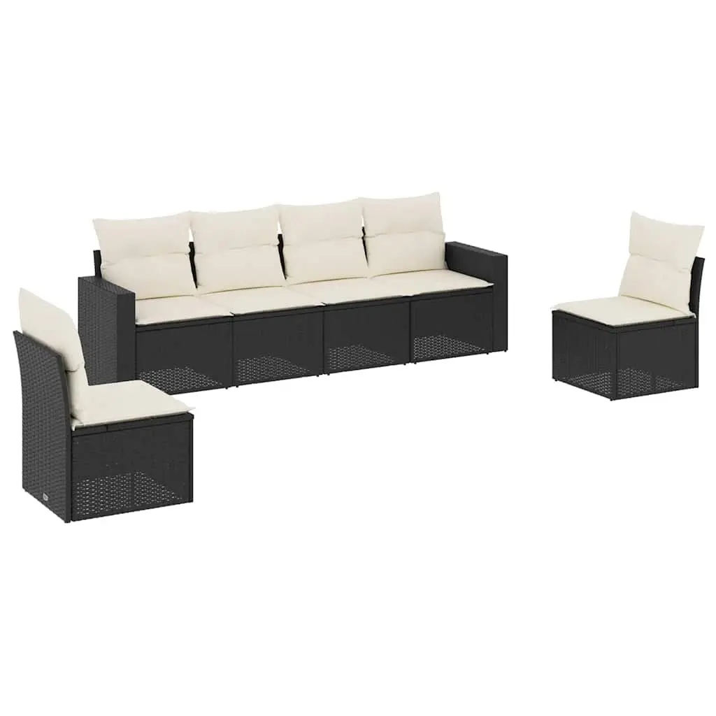 6-Piece Black Poly Rattan Outdoor Sectional Sofa Set