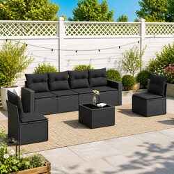 Durable 7 Piece Black Poly Rattan Outdoor Sofa Set