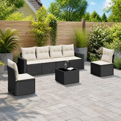 Black Rattan 7-Piece Outdoor Sofa Set with Cushions