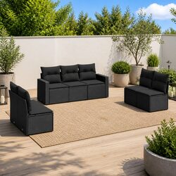 High-Quality 7 Piece Black Poly Rattan Garden Sofa Set