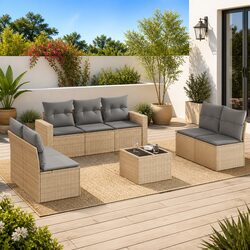 8 Piece Beige Outdoor Sectional Sofa Set with Cushions