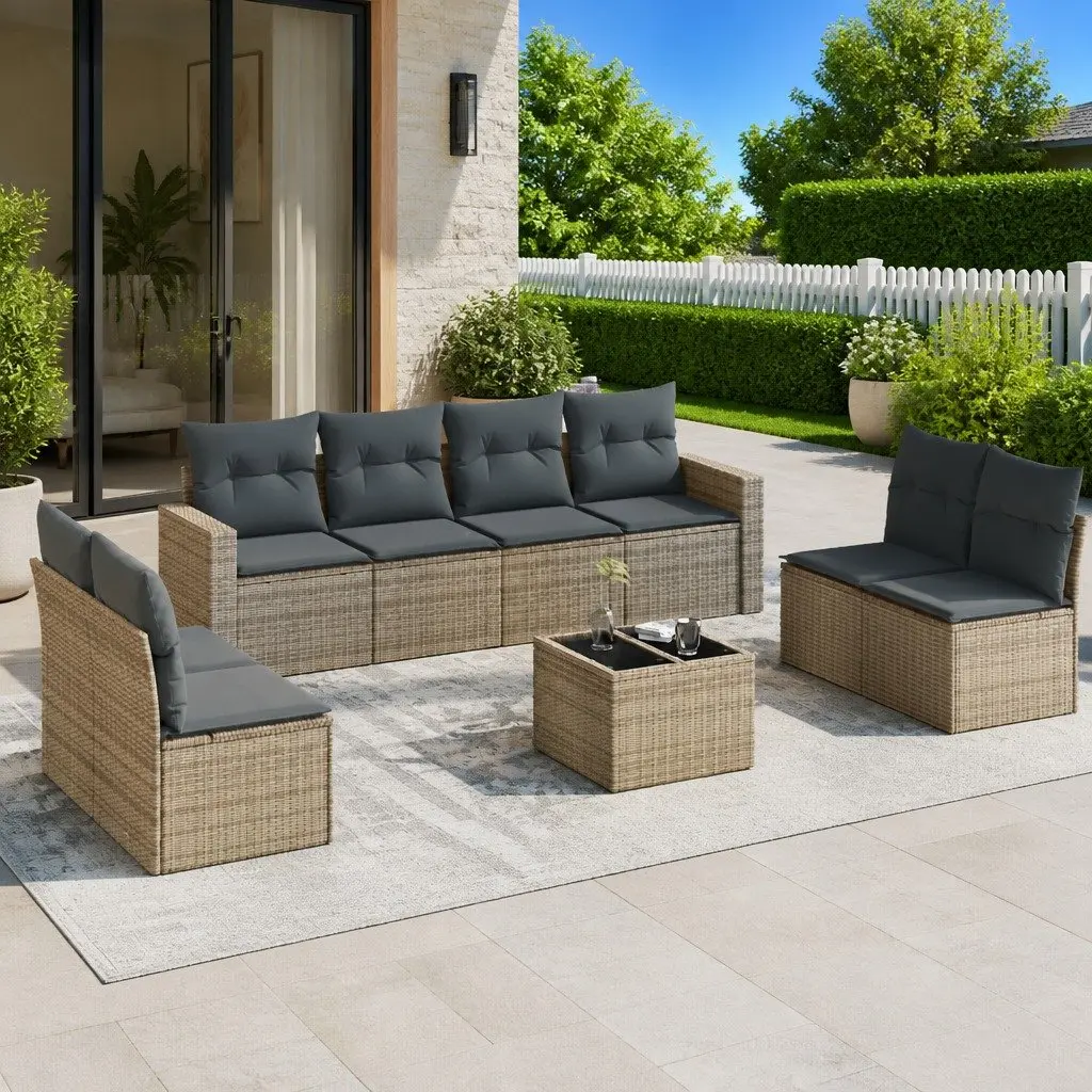 9 Piece Outdoor Garden Sofa Set PE Rattan Grey Modular Sectional with Storage Cushions