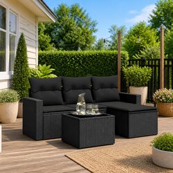 5-Piece Black Poly Rattan Outdoor Sectional Sofa Set