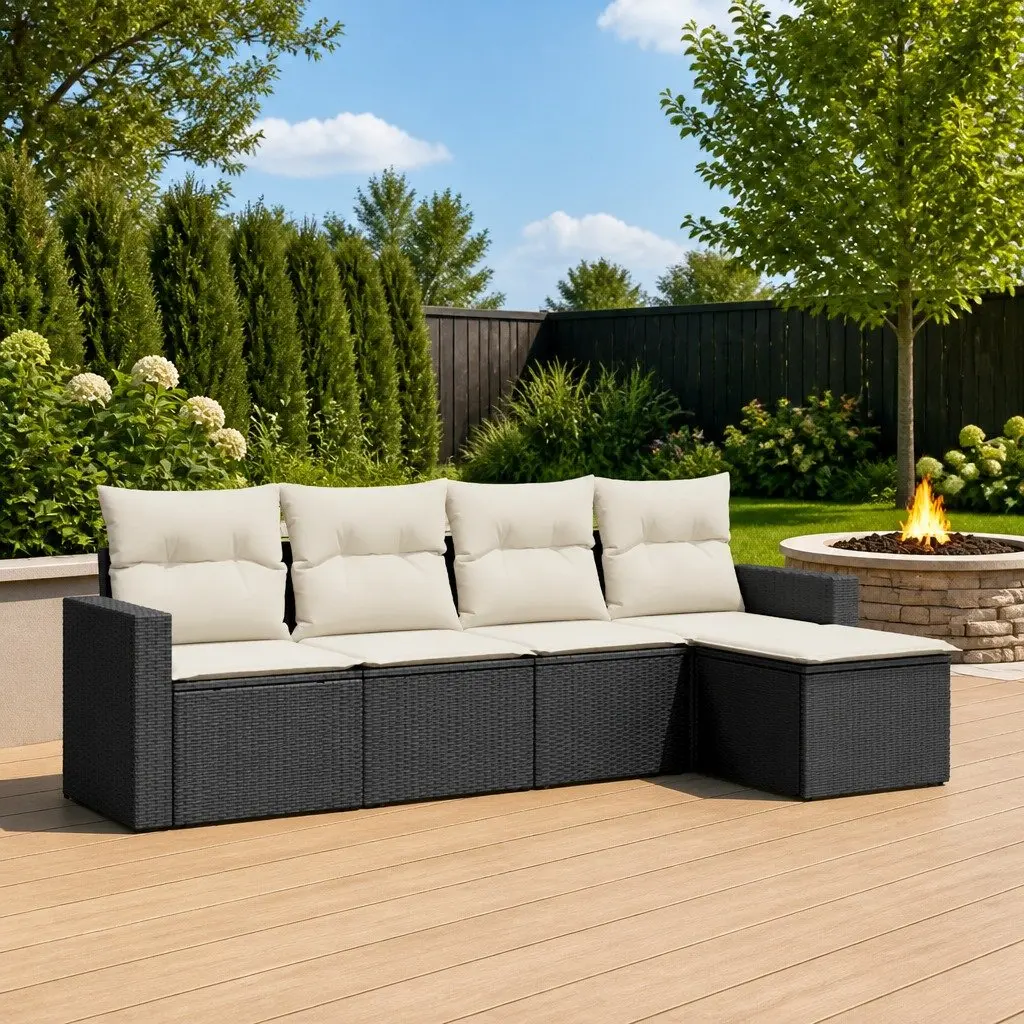 5 Piece Outdoor Garden Sofa Set PE Rattan Black with Cushions