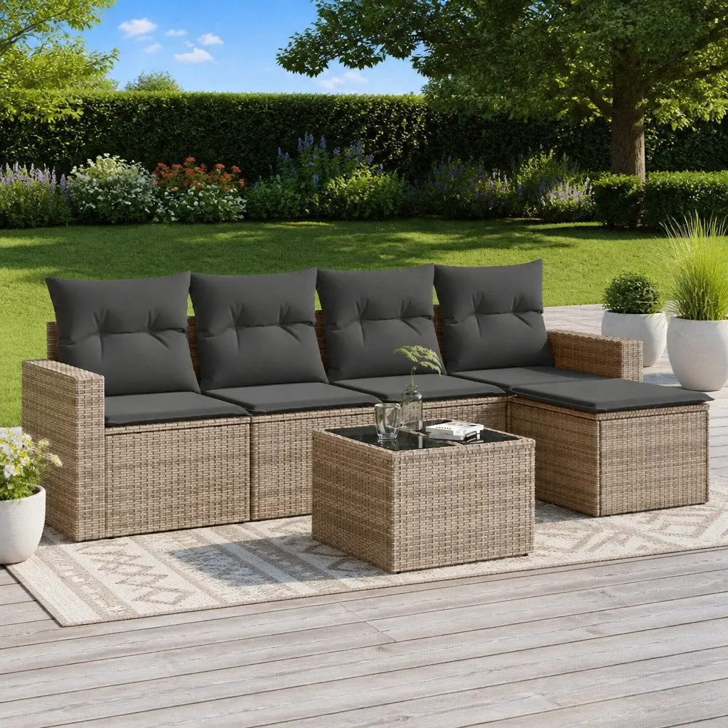 Outdoor Sectional Sofa Set PE Rattan 6 Piece Grey Garden Furniture with Storage Cushions