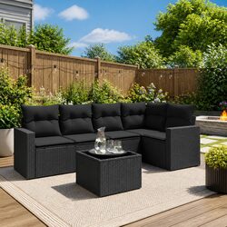 High-Quality 6-Piece Black Poly Rattan Outdoor Sofa Set