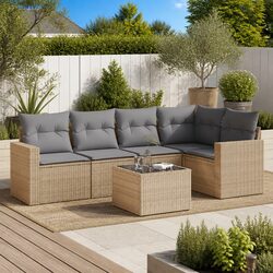 Beige Rattan Sectional 6 Piece Garden Sofa Set with Storage