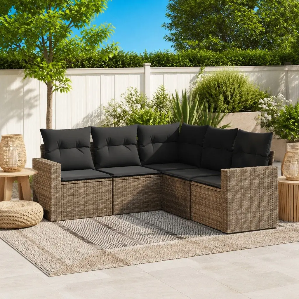 5 Piece Grey Poly Rattan Garden Sofa Set for Outdoor Use