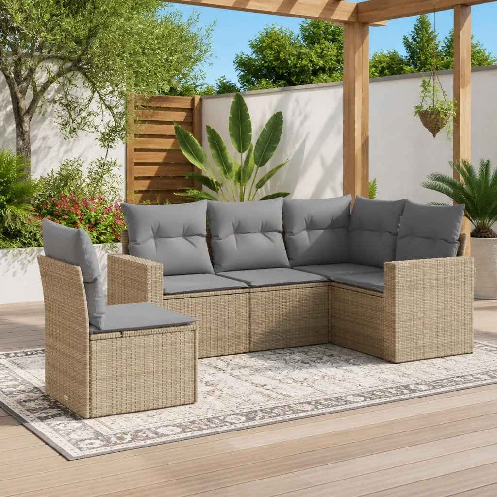 5 Piece Beige Outdoor Sectional Sofa Set with Storage