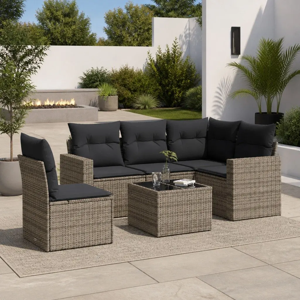 6-Piece Grey Poly Rattan Outdoor Sectional Sofa Set