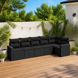 6-Piece Black Poly Rattan Outdoor Sectional Sofa Set