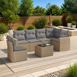 Beige 7 Piece Outdoor Sectional Sofa Set with Storage