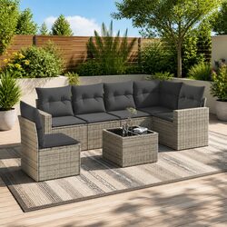 7-Piece Grey Rattan Outdoor Sectional Sofa Set with Cushions