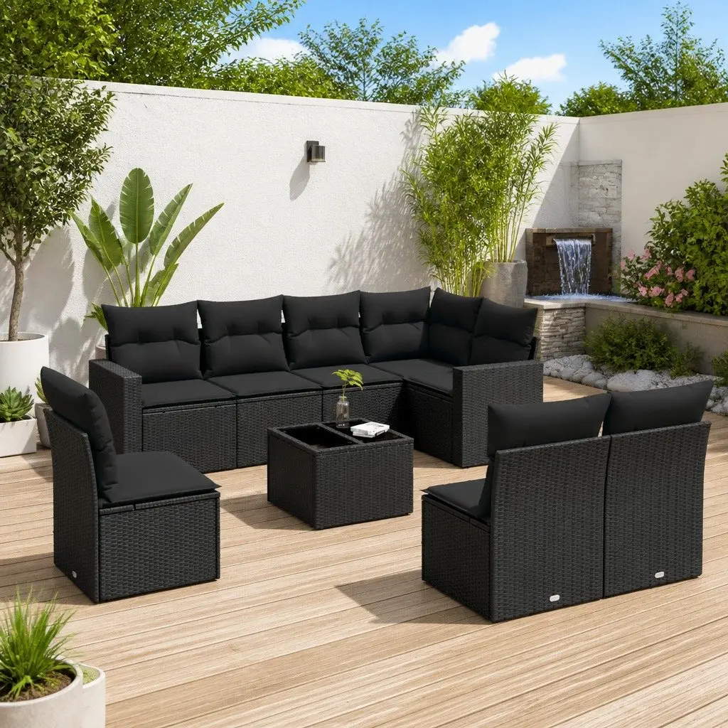 9-Piece Black Rattan Outdoor Sofa Set
