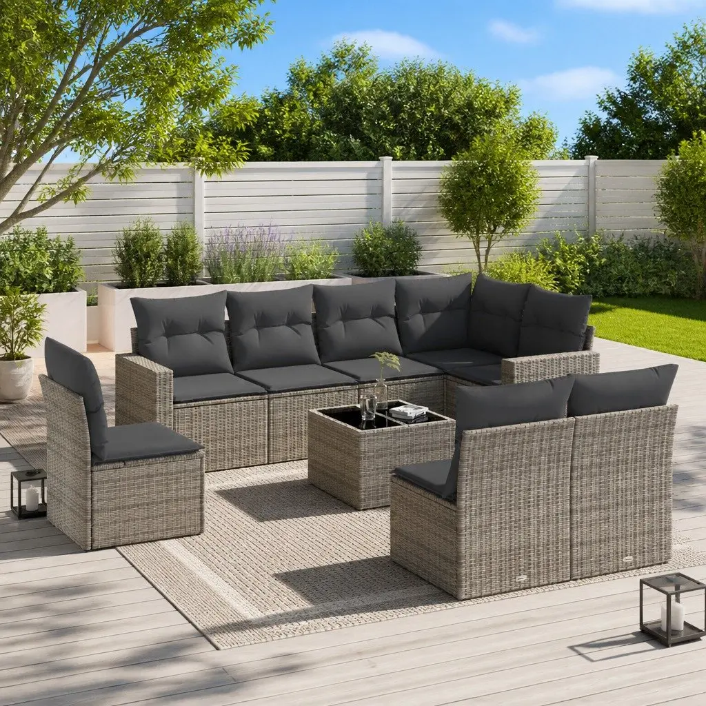 9 Piece Outdoor Sectional Sofa Set PE Rattan Grey Garden Patio Furniture