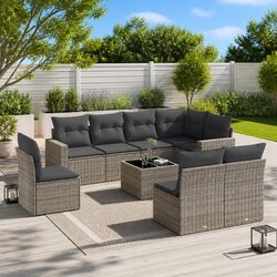 9-Piece Outdoor Sectional Sofa Set in Grey Poly Rattan