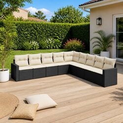 Durable 9 Piece Outdoor Garden Sofa Set in Black Rattan