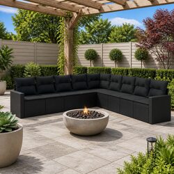 10-Piece Black Poly Rattan Garden Sofa Set with Cushions