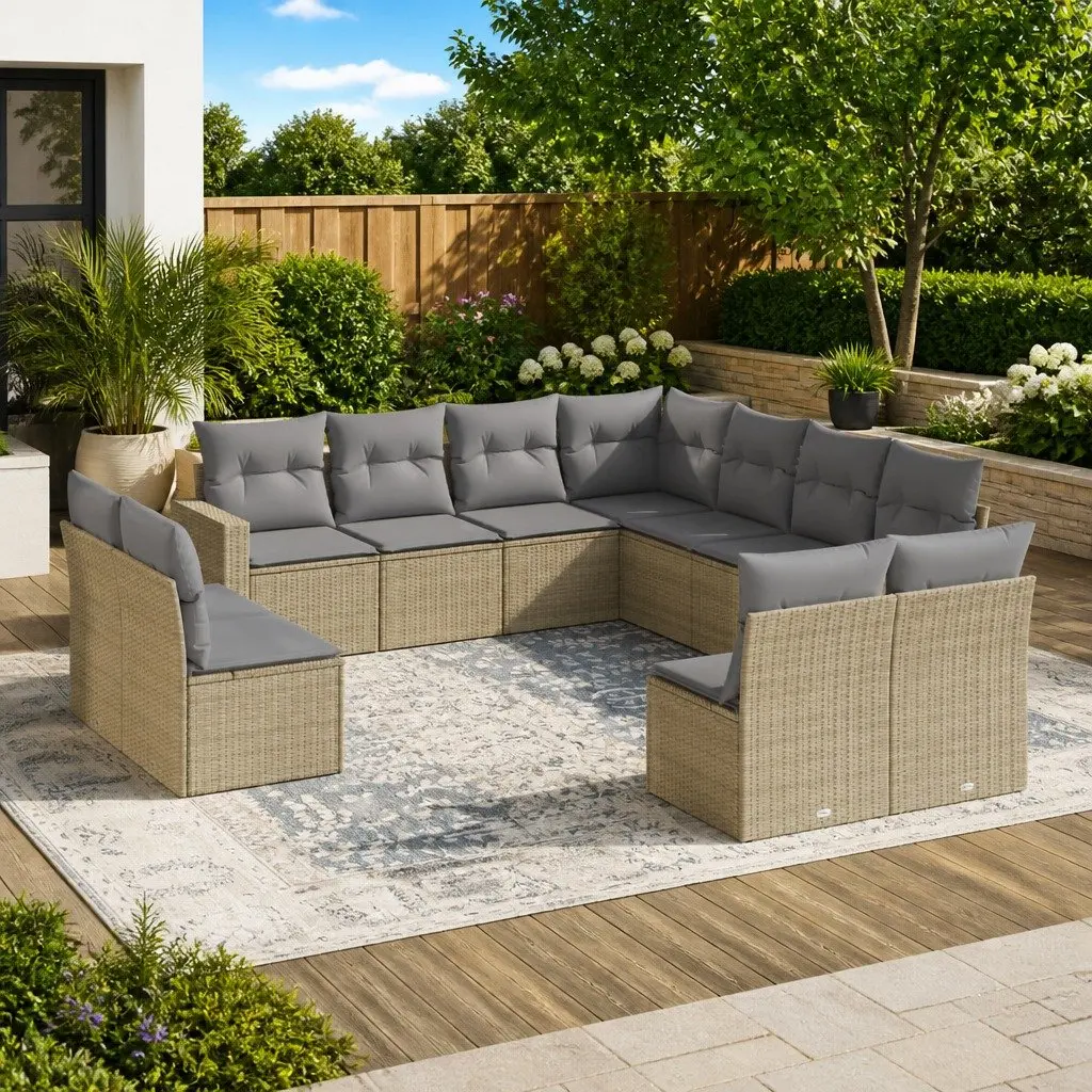 Beige Outdoor Sectional Sofa Set with Cushions and Storage