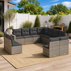 11-Piece Grey Poly Rattan Outdoor Sectional Sofa Set