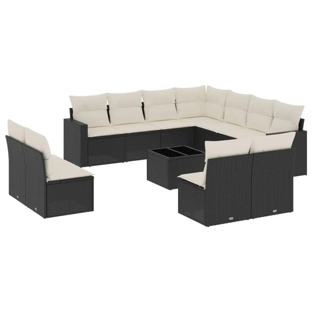 12 Piece Outdoor Sectional Sofa Set PE Poly Rattan Black with Tempered Glass Table Top