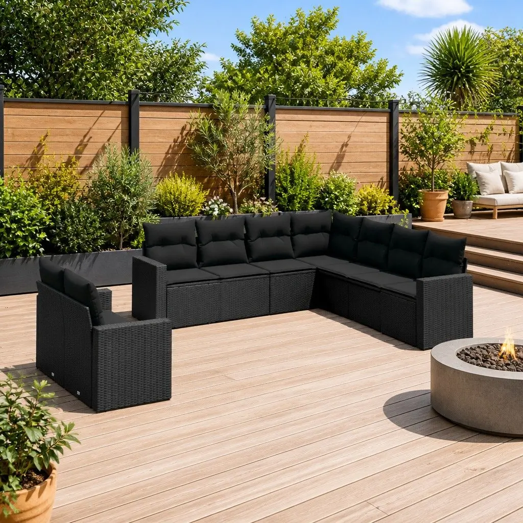9 Piece Outdoor Sectional Sofa Set PE Rattan Black Garden Furniture