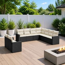 9-Piece Black Rattan Outdoor Sectional Sofa Set