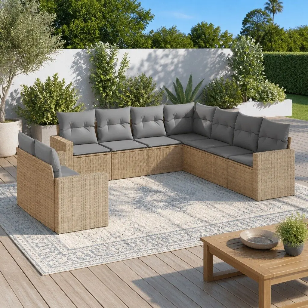 9-Piece Beige Rattan Modular Garden Sofa Set