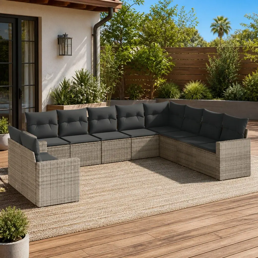 10 Piece Grey Poly Rattan Outdoor Sofa Set