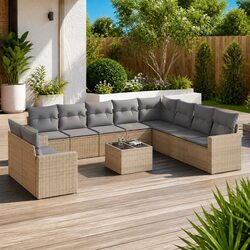 Beige 11 Piece Poly Rattan Outdoor Sofa Set with Cushions