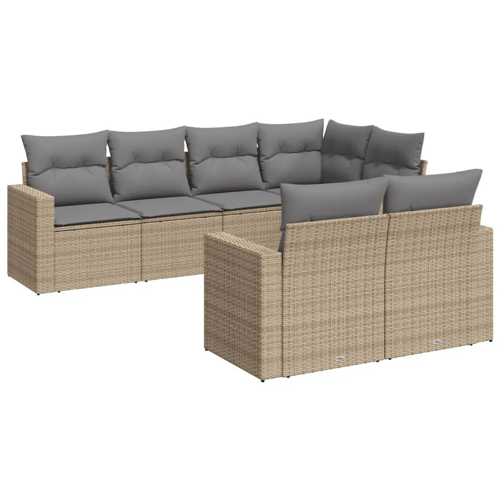 7 Piece Garden Sofa Set PE Rattan Beige with Cushions