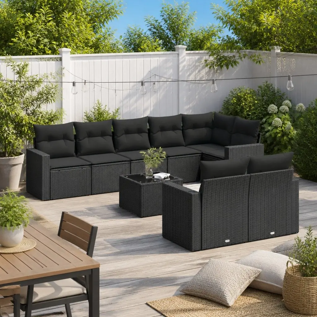 9-Piece Modular Black Rattan Sofa Set for Outdoor Spaces