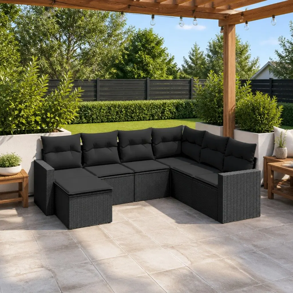 7 Piece Black Poly Rattan Garden Sofa Set