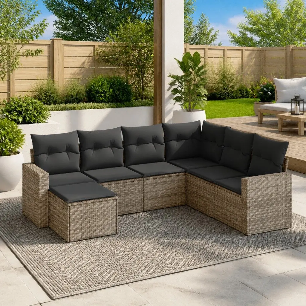 7 Piece Outdoor Sectional Sofa Set PE Rattan Modular Grey with Padded Cushions