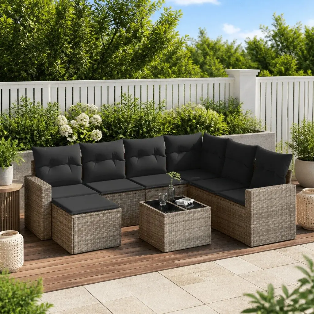 8 Piece Garden Sofa Set PE Rattan Grey Modular Sectional with Storage Cushions