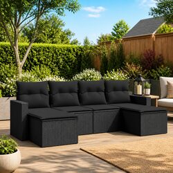 6 Piece Black Poly Rattan Garden Sofa Set for Outdoor Use