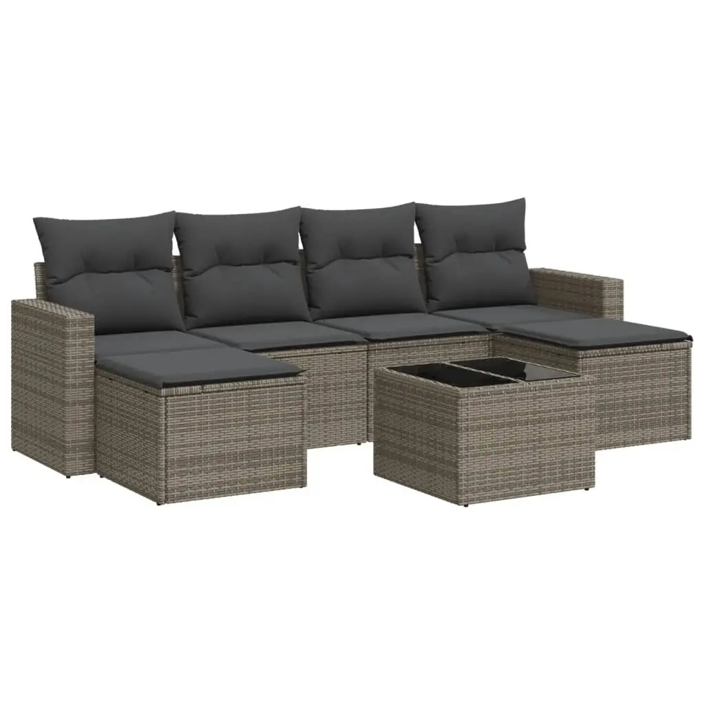 7 Piece Outdoor Garden Sectional Sofa Set PE Rattan Grey with Tempered Glass Table