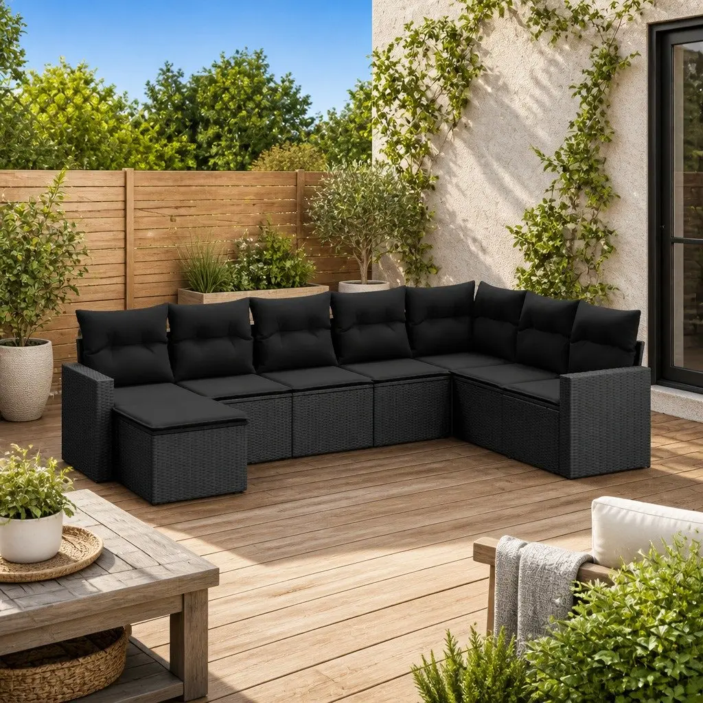 Outdoor Sectional Sofa Set PE Rattan 8 Piece Black with Storage