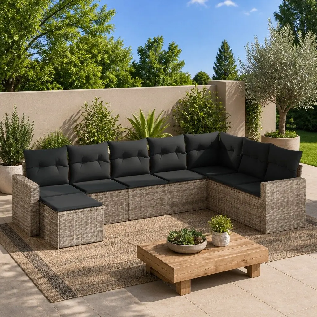 8 Piece Garden Sofa Set PE Rattan Grey Outdoor Sectional with Storage Cushions