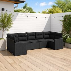 7-Piece Black Poly Rattan Garden Sofa Set with Cushions