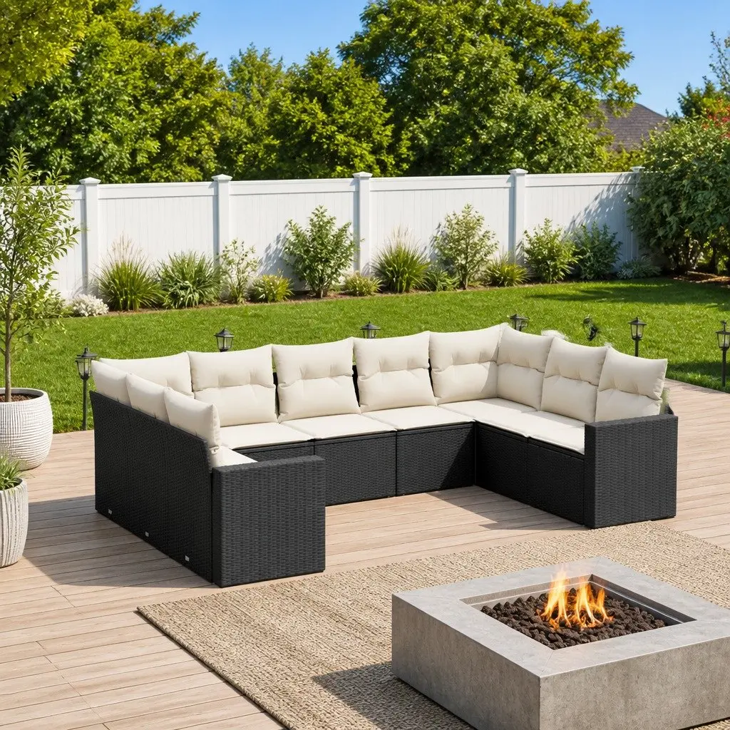 Outdoor Sectional Sofa Set PE Rattan 9 Piece Black