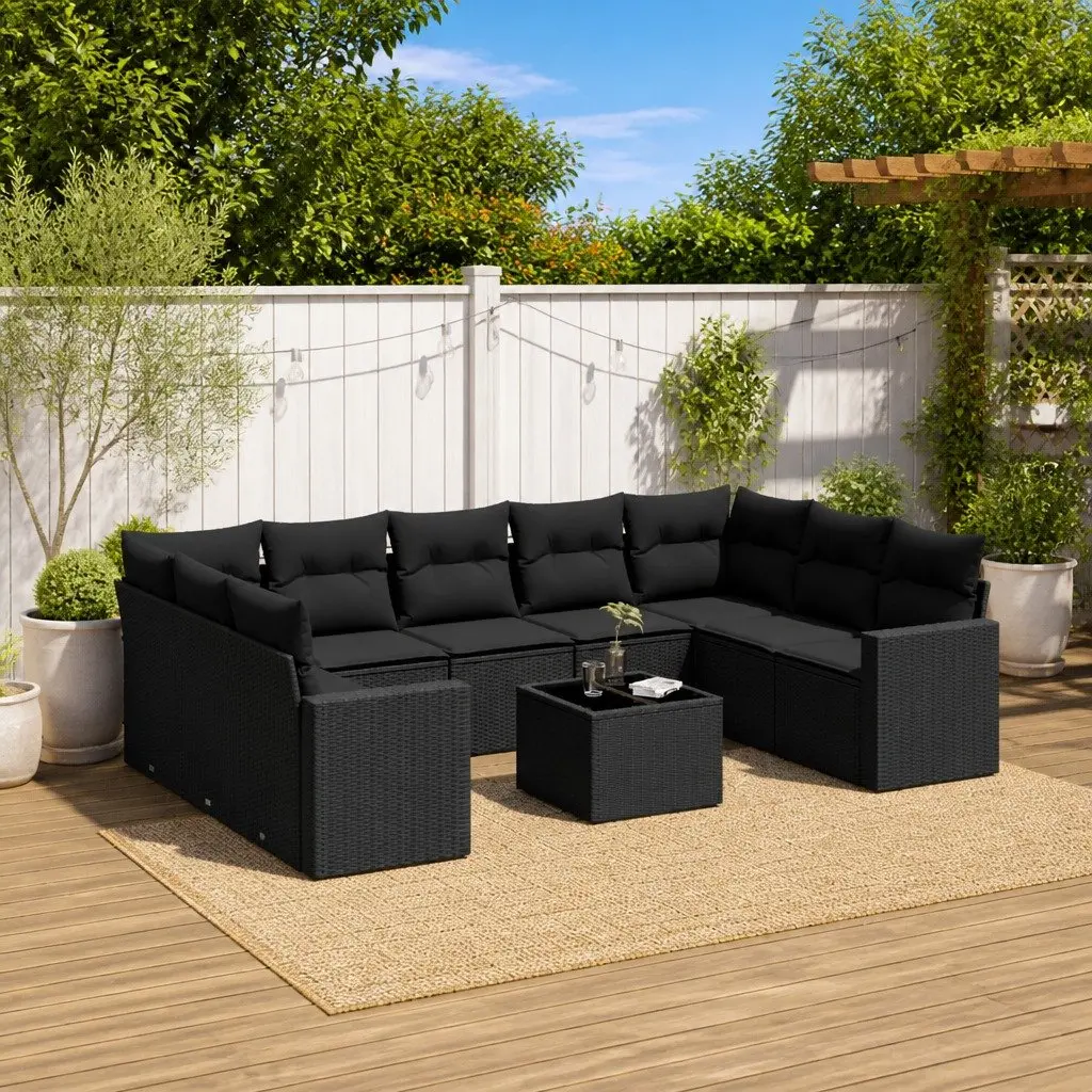 10 Piece Outdoor Garden Sofa Set PE Rattan Black with Cushions and Storage