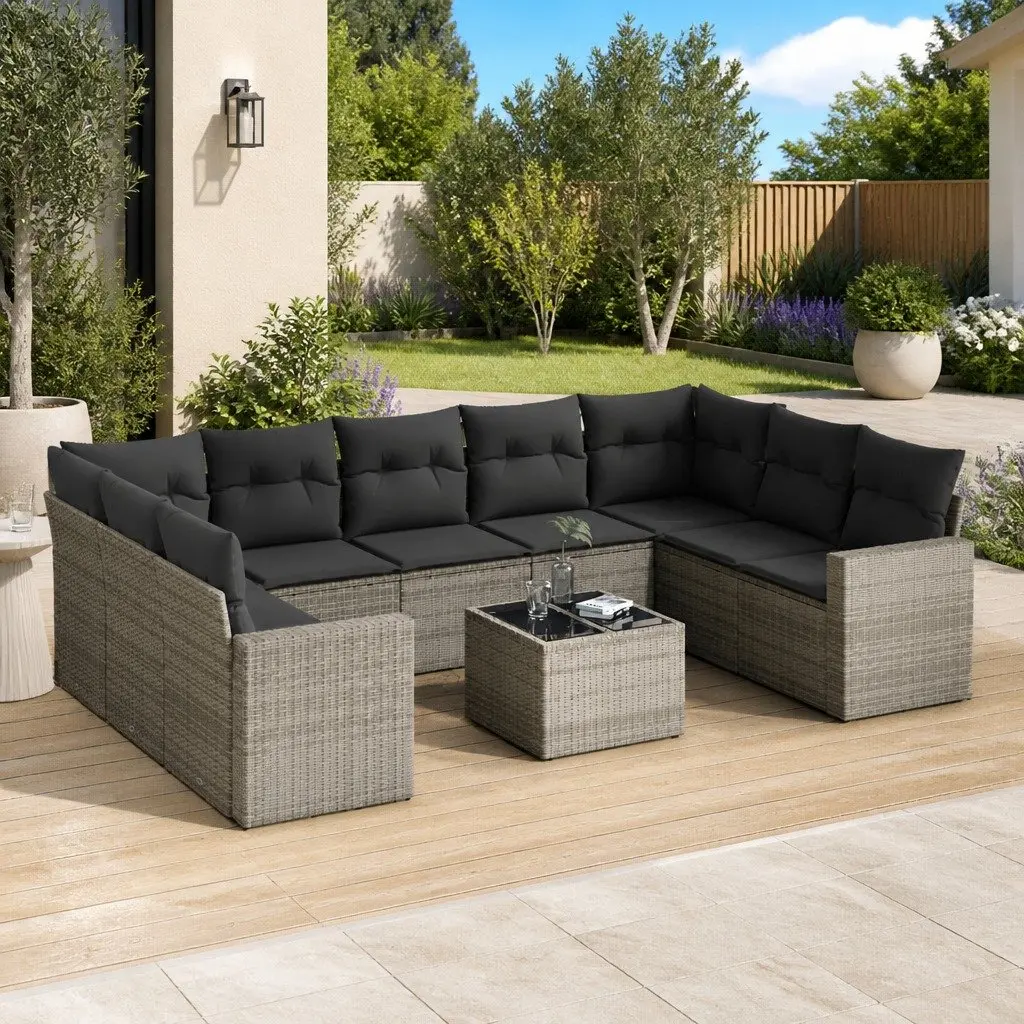 Outdoor Sectional Sofa Set 10 Piece Garden Furniture Grey Poly Rattan with